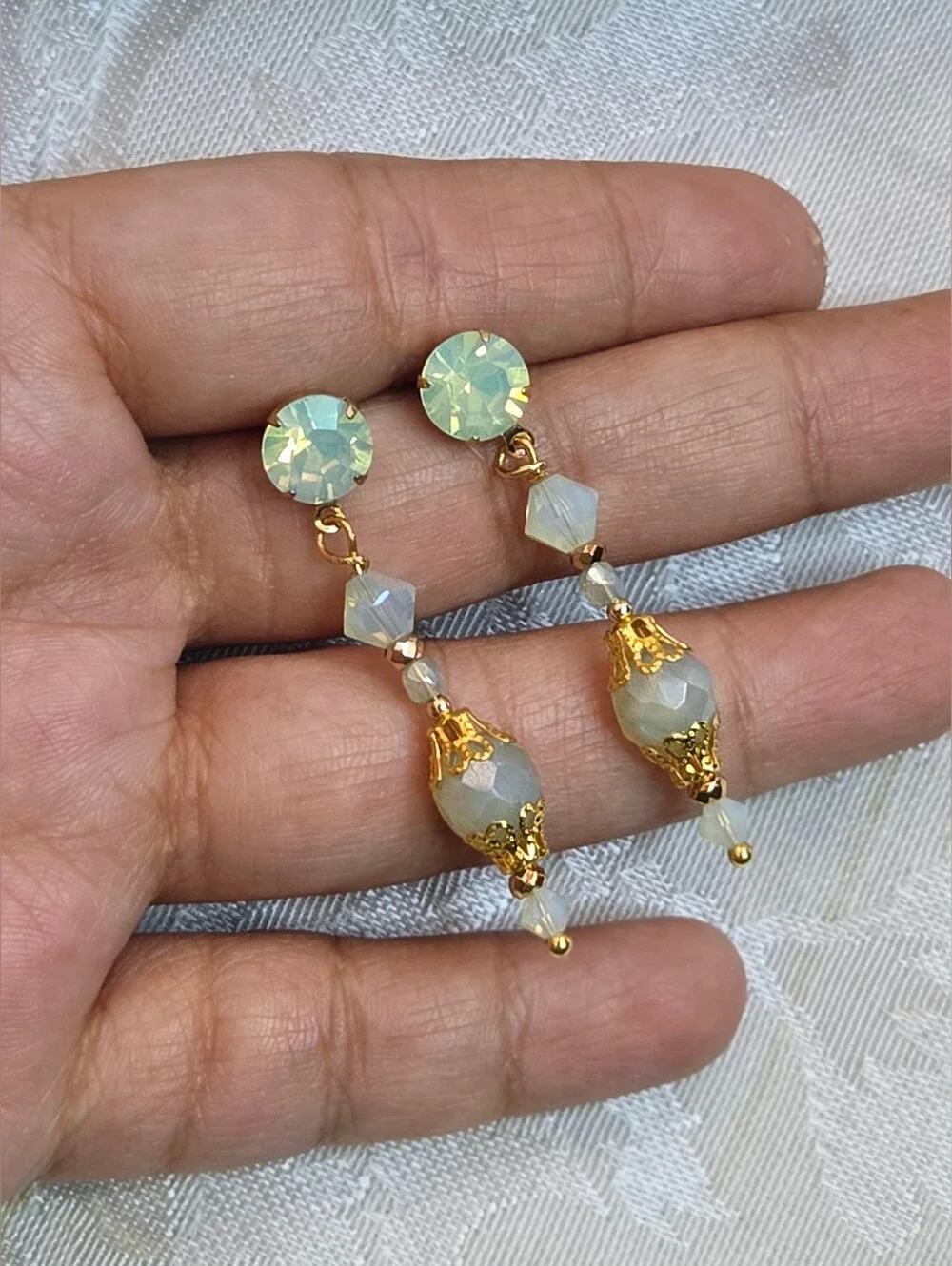Victorian Delicate & Dainty Eucalyptus Green Opal Swarovski & Glass GP Earrings